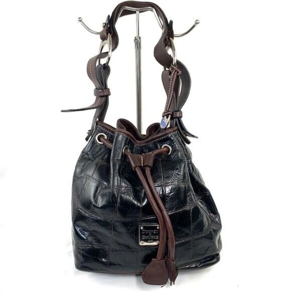 Dooney & Bourke Croc Embossed Leather Drawstring Shoulder Bag-Brown 10”W x 10”H - Picture 3 of 16